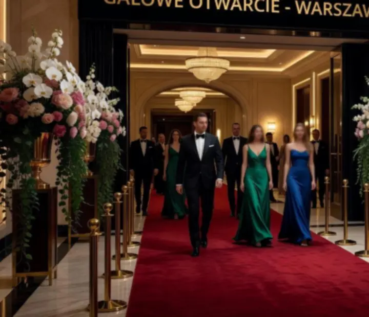 Powitanie gości na czerwonym dywanie podczas eleganckiego wydarzenia firmowego