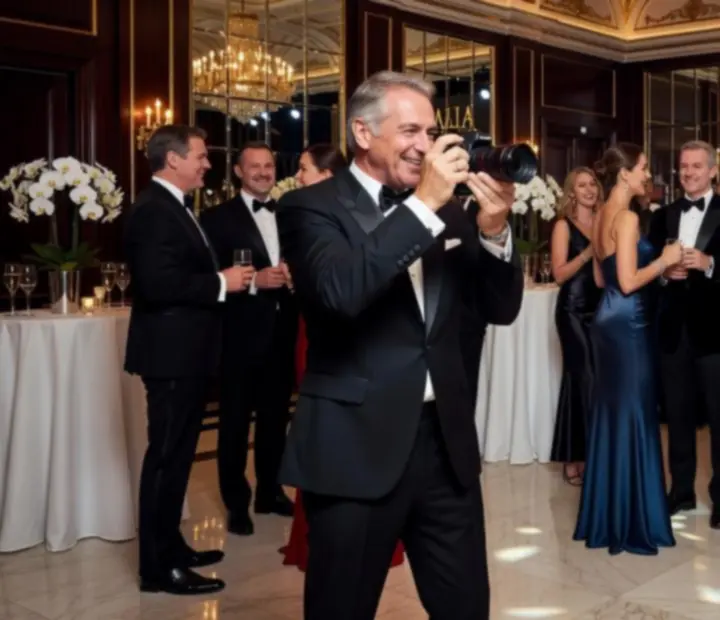 Fotograf wydarzeń wykonujący zdjęcia podczas eleganckiej gali.