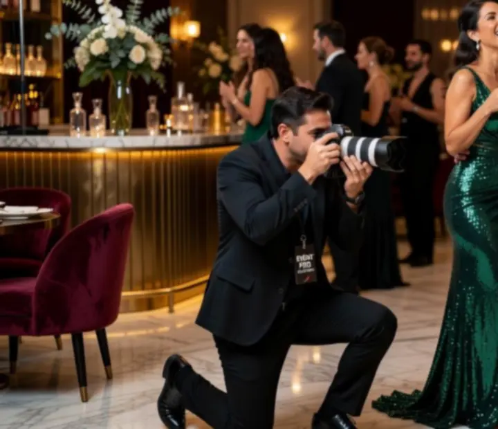 Fotograf eventowy wykonujący zdjęcia podczas eleganckiego przyjęcia