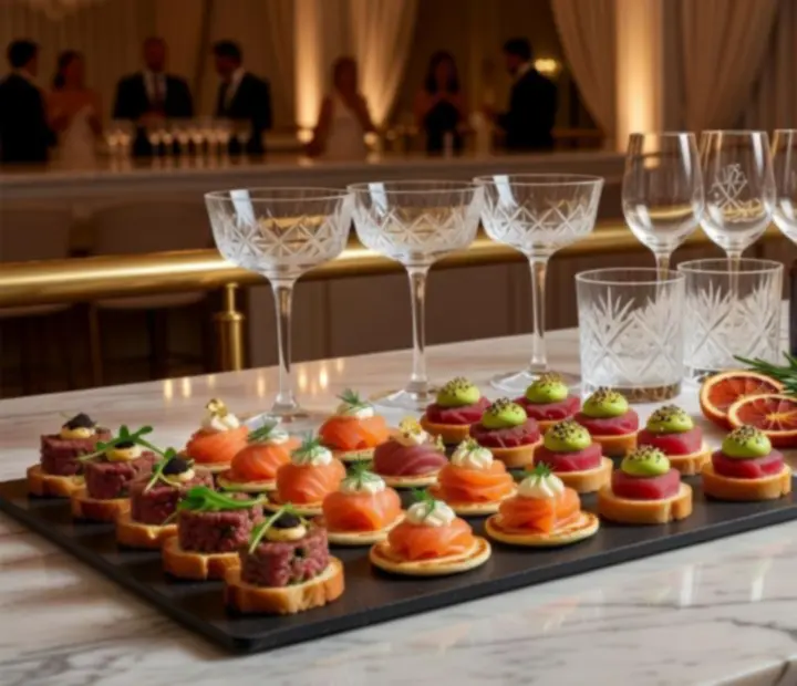 Wykwintny catering i elegancki cocktail bar podczas luksusowego wydarzenia.