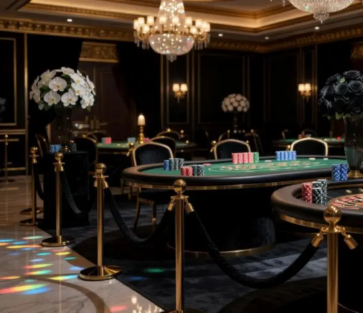 Luksusowa aranżacja eventu w klimacie casino z eleganckimi stołami i oświetleniem
