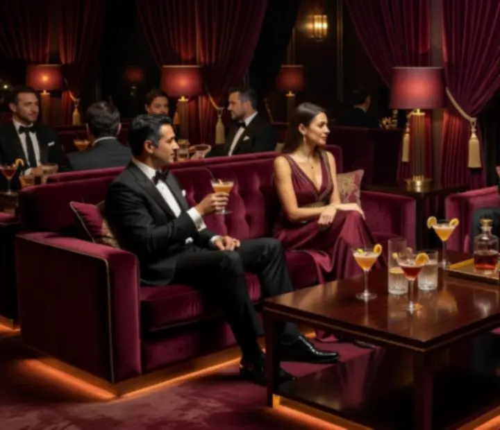Strefa VIP lounge z eleganckimi sofami i nastrojowym oświetleniem